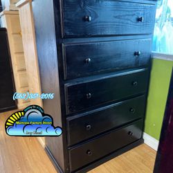 New Heavy Duty Solid Black Wood Jumbo Five Drawer Dresser Chest With Double Knobs 