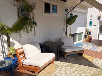 Outdoor Wood Patio Lounge Chairs with Cushions and Firepit