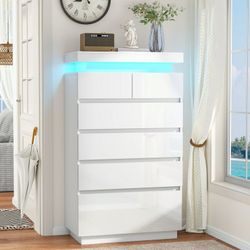 New and ASSEMBLED ‼️ Smart LED Dresser with App Control, White High Gloss 6-Drawer Vanity with Adjustable RGB Lights, Modern Bedroom Furniture
