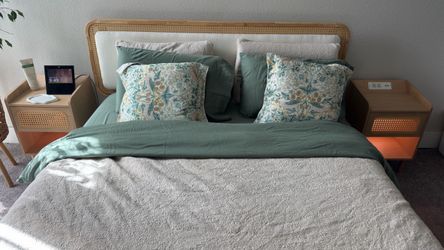 Rattan Wood Bed Frame with Upholstered Headboard