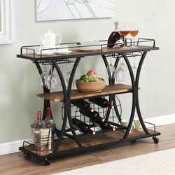 Wood Rolling Bar Cart with Wheels for Home