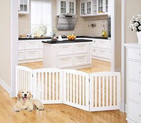 PAWLAND Wooden Freestanding Foldable Pet Gate for Dogs, 24 inch 4 Panels Step Over Fence, Dog Gate for The House, Doorway, Stairs, Extra Wide White, 2