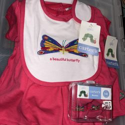 New 0/3m Dress(2pc), Bib And Booties