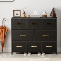 8 Drawers Dresser, Large Fabric Dressers & Chest of Drawers with Sturdy Metal Frame, Wood Top, Black/White 