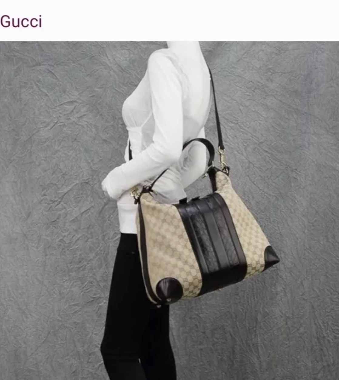 GUCCI Canvas Beige/Dark Brown GG Monogram With Crocodile Hobo Handbag