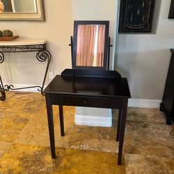 Small Wooden Vanity Table with Tilt Mirror & Drawer (Espresso/Dark Brown)