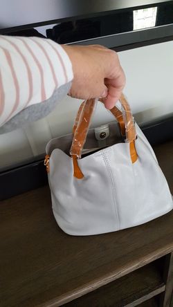 Ladies small grey leather tote w strap