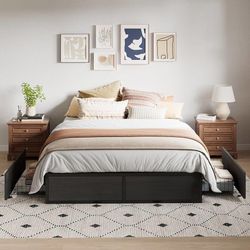 Platform Bed Frame with 2 Configurable Under-Bed Drawers,Queen Size Heavy Duty Metal Base,No Box Spring Needed,Black