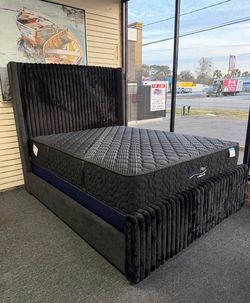 NEW IN BOX- 6FT Tall Black Platform Bed Frame King & Queen Size  Bluetooth Speaker, USB LED lights