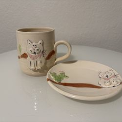 Handmade Ceramic Cat Cactus Mug & Plate Set
