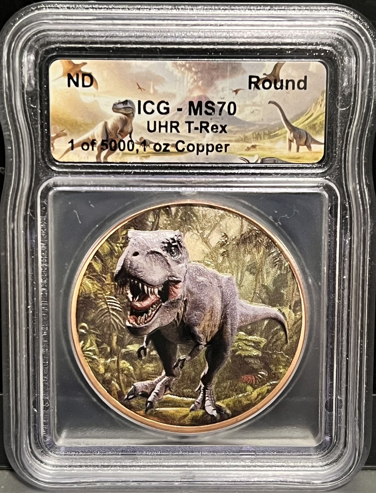 Jurassic Park T-Rex Dinosaur 3D Ultra High Relief Coin • 1 oz Pure Copper Colorized Round (.999 Fine) • ICG MS70 • Limited Mintage of 5000