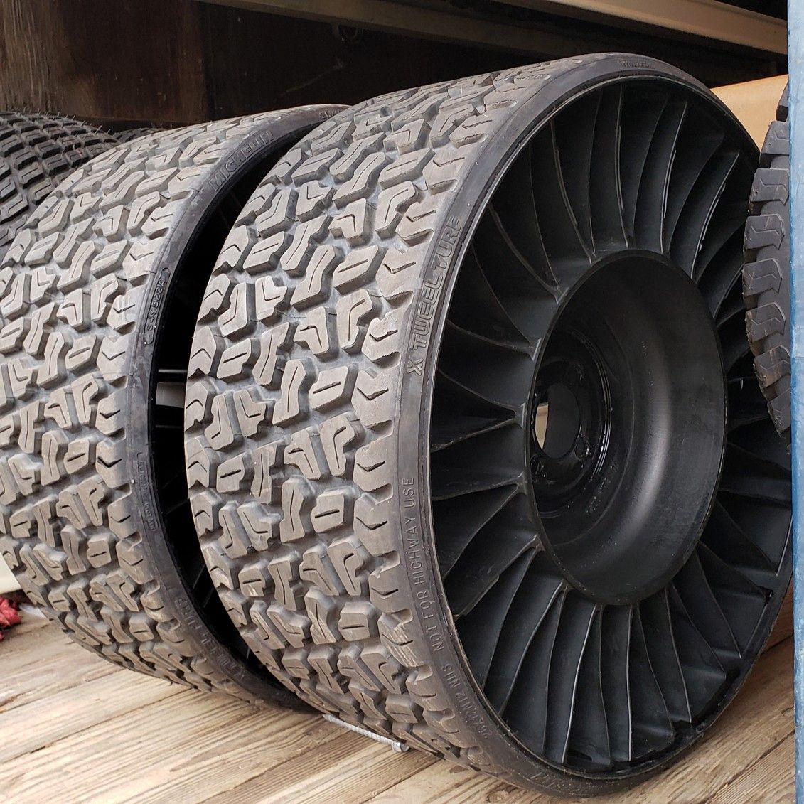 Pair of 26x12N12 Michelin "X Tweel Turf" lawnmower tire/wheel assembly