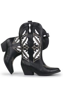 Women's Western Cowgirl Boots | Embroidered Mid-Calf Pointed Toe Block Heel-Size 6.5