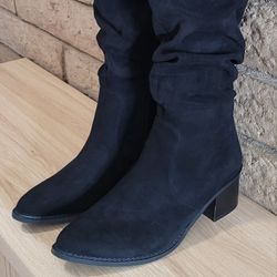 Knee High Chunky Heel Boots Faux Suede