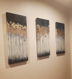 SET OF 3 Canvas Pictures dark teal/gold/cream (Each 35in H X 15in W)