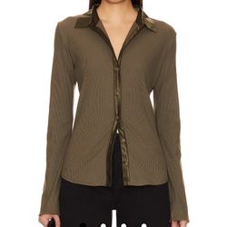 The Ribbed Mix Media Button Down in Olive Night