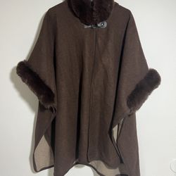 Jones New York Faux Fur Open Front Brown Hooded One Size Coat NWT 