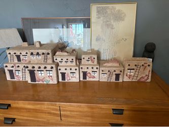 Vintage Southwestern pueblo adobe house ceramic canisters. Six pieces.