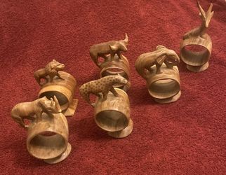 Vintage wooden hand carved animal tiki wood napkin ring set of six
