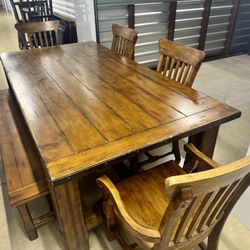 Rustic Farmhouse Dining Table Set – Includes 4 Chairs + Bench