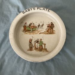 Vintage 1920s-1930s English Transferware Baby Plate - Fisherman & Village Shore Scene “BABY’S PLATE”