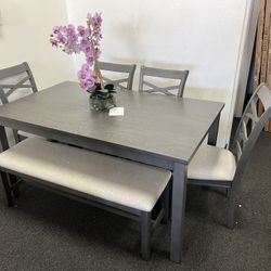 6 Piece Dining Room Set With Chairs And Bench In Grey With Linen Seats 