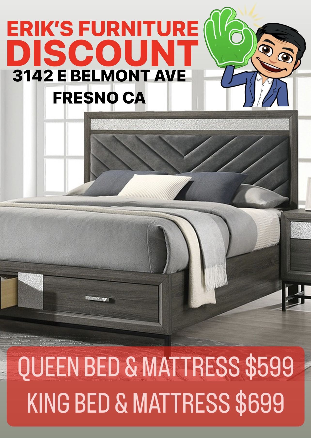 QUEEN BED FRAME WITH STORAGE DRAWERS & FREE MATTRESS