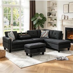 Dark Gray L-Shaped Sectional Sofa with Ottoman