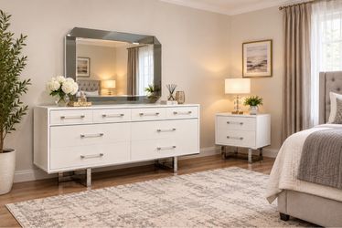 Luxury Italian Modern White Lacquer Dresser, Mirror & Nightstand Set!