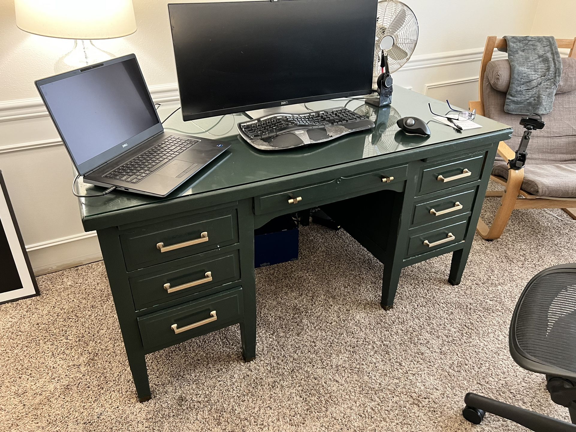 Executive Solid Wood Vintage Antique Desk With Glass Top Green