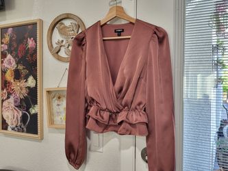 Express Satin Wrap Blouse with Ruffle Hem