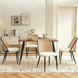  Kitchen & Dining Room Chairs Set of 4, Modern Kitchen Rattan Back Armless Chairs, Beige Boucle Upholstered Seat, Metal Legs