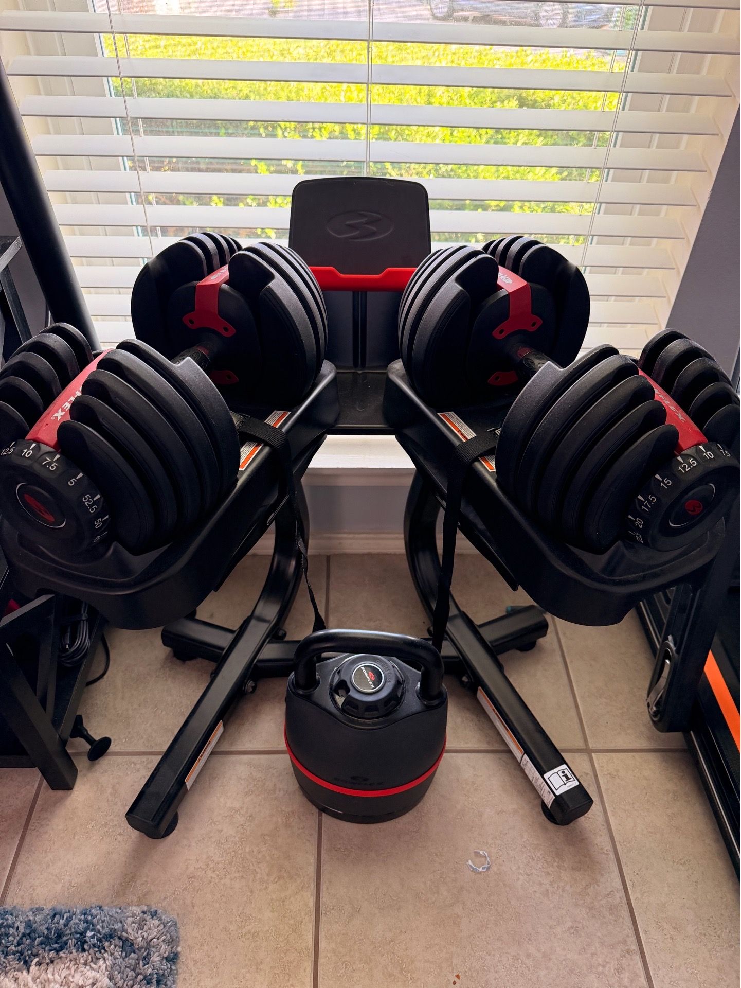 Standing Bowflex Bowflex Adjustable 50lb Dumbbells + Stand + Bowflex Kettlebell for Sale ...