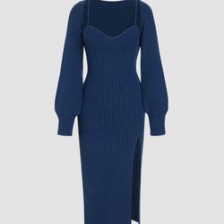 Cider Knit Solid Cami Split Midi Dress & Shrug Size Large BlueCOZY Sweater Dress