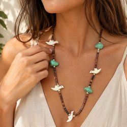Vintage, Native, Handcrafted, Turquoise, Genuine, Semi Precious, Gemstones, Mother Of Pearl Bird, Jewelry, Necklace, Retro Jewelry