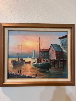 Vintage signed oil painting coastal harbor scene / max savy