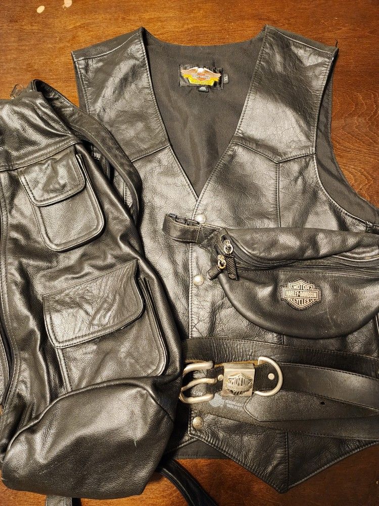 Harley Davidson Leather Vest, Fanny Pack, Belt And A Leather Shoulder Bag