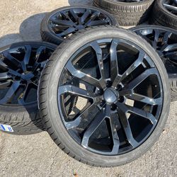 New 24” Black Chevy Rims and Tires 24 GMC Wheels 24s Relica reps Relicas Rines Negros Con Llantas Nuevas Cadillac Escalade Chevy Silverado Tahoe GMC S