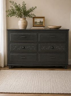 Vintage Black 6-Drawer Dresser | Ornate Carved Detail | Statement Piece