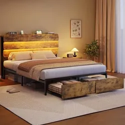 🔥Queen LED Light Bed Frame with Headboard and 2 Storage Drawers, Charging Station, Rustic Brown