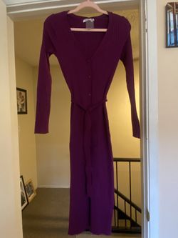 Brand new, purple, ribbed sweater dress, button up front with tie belt