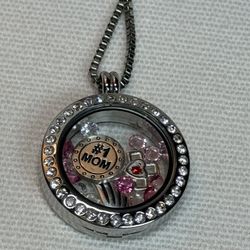 Origami Owl SS Floating Charm Locket With~  #1 MOM, Cross, Angle Wing,Pink & Clear Crystal Stones