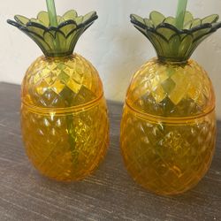 Pair Of New Pineapple Cups With Straw
