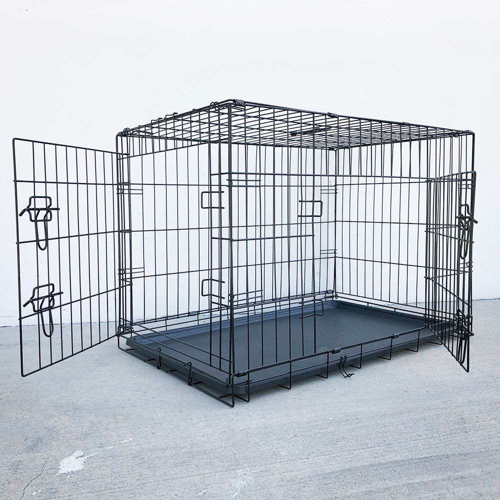 New in box $50 Double Door 36” Dog Crate Kennel Metal Folding Pet Cage Plastic Tray, 36x23x25 Inches