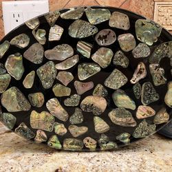 Vintage 1969 Black Lacquered Abalone Shell Oval Serving Tray with Handles - Large