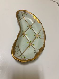 Vintage Ardalt Japan Kidney Shaped Dish Teal & Gold Gilt 6824A Rare