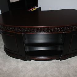 Wooden Desk, 2 Wooden File Cabinets, Brown Leather Desk Chair, Black Lamp (comes as a set)