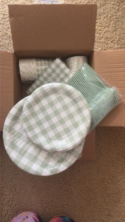 Brand New Coordinated Sage Green Gingham Party Supply Set For 30