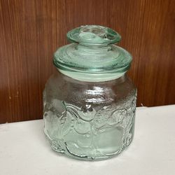Vintage Libbey Green Glass Orchard Fruit Pattern Embossed cookie jar