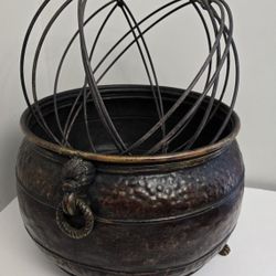 Vintage Asian Hammered Copper Footed Pot with Handles and Wired Sphere Insert